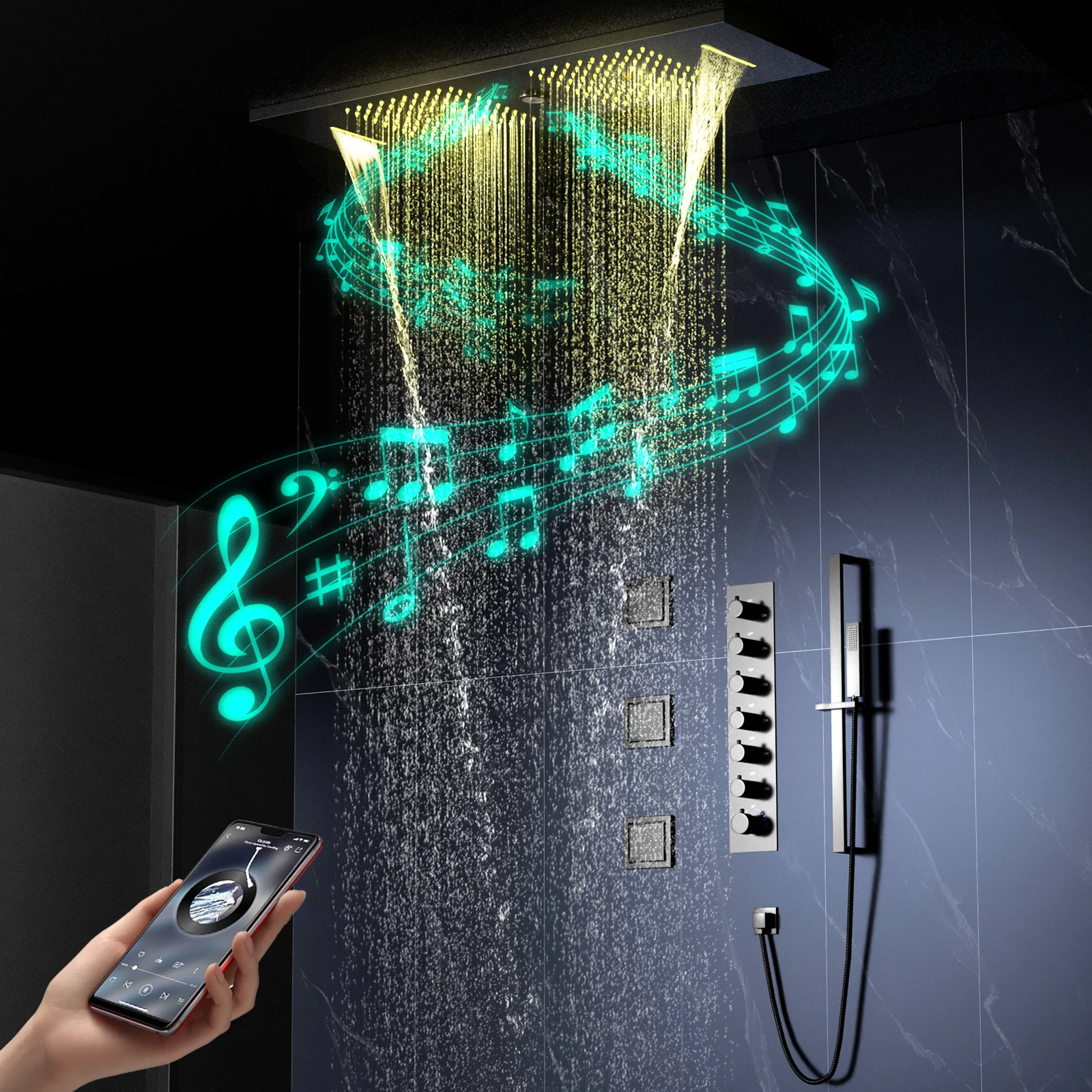 Matte Black Thermostatic Shower System Ceiling Embedded 36*12 Inch Waterfall New LED Music Shower Faucet Set