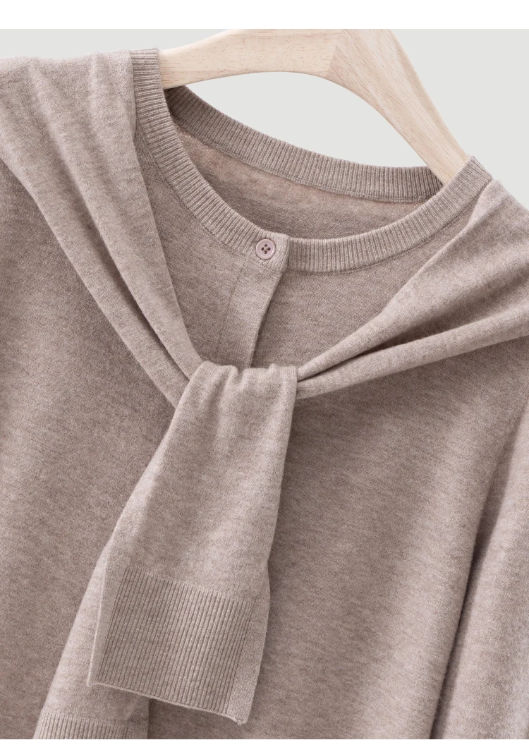 MZ62030 Damen-Strickjacke aus Kaschmir-Modal-Mischung, Langarm, Rundhalsausschnitt, Knopfverschluss, mit abnehmbarem, drapiertem Schultertuch – Detail 16