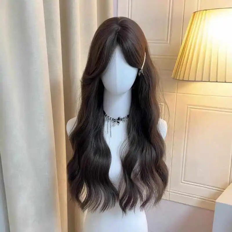 Brown Black Wig Female Long Wavy Rose Hair Net Models in Middle-parted Bangs High Quality Simulation Hair Synthetic Wig