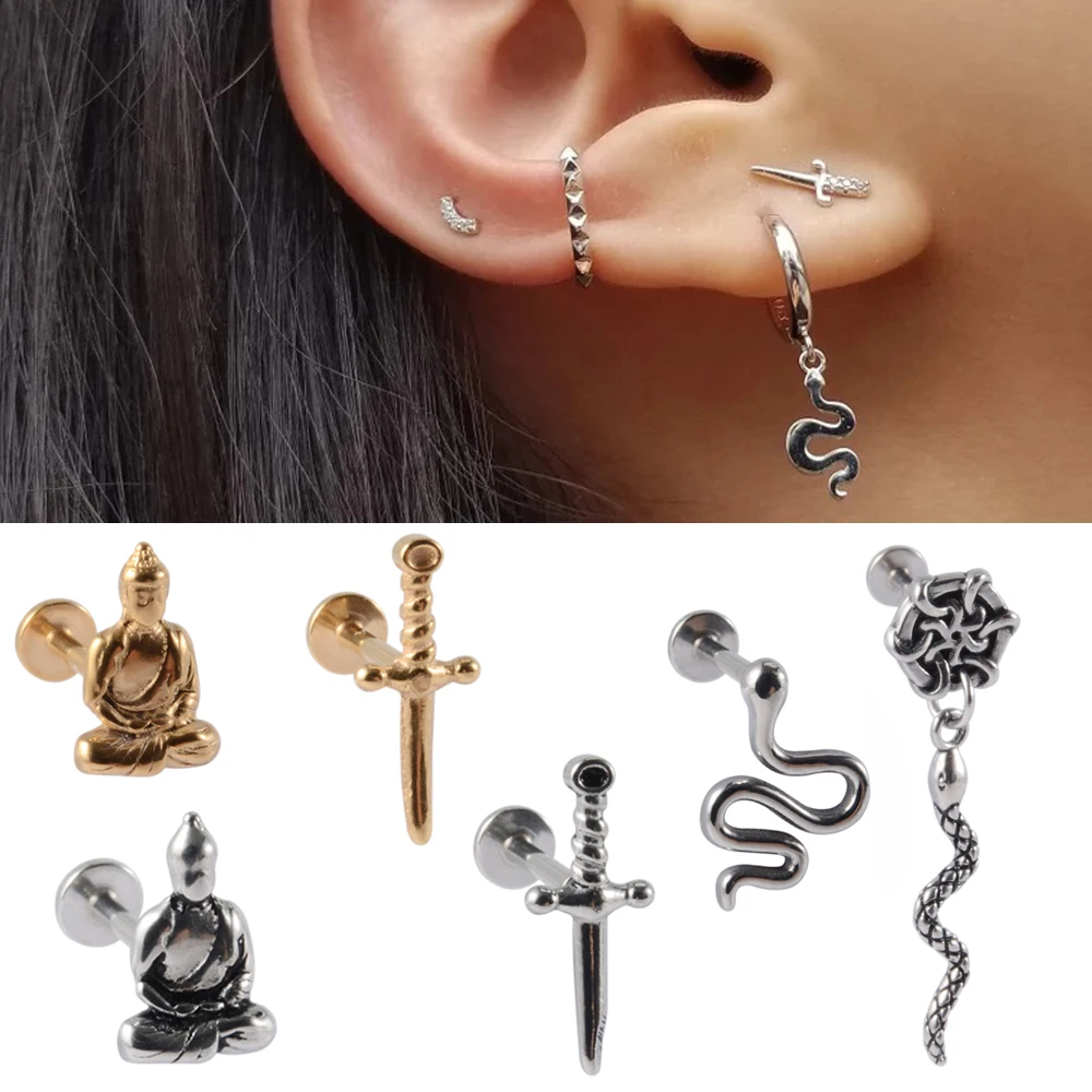 1PC Surgical Steel Snake Ear Tragus Cartilage Piercing Buddha Statue Labrets Lip Stud Ring Lobe Earrings Body Piercing Jewelry