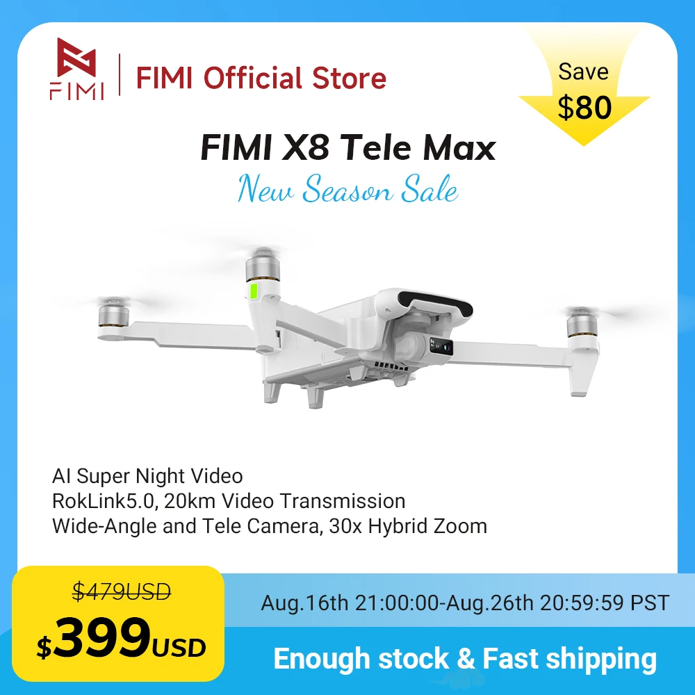 FIMI X8 Tele Max new drone Wide-Angle Tele Camera 30x Hybrid Zoom 20KM range 4K 60fps 3-axis Gimbal GPS AI Super Night Video