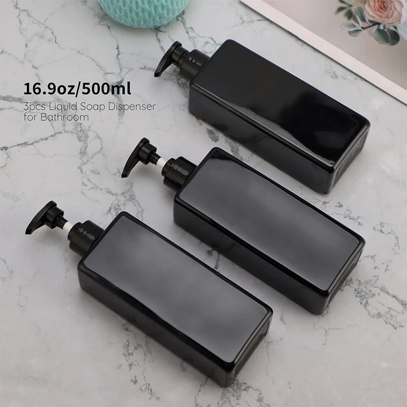 3x 500ml Square Liquid Soap Dispenser Plastic Hand Pump Bottle Refillable Bathroom Empty Container For Lotion Shampoo Shower Gel