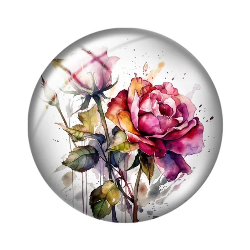 Watercolor Painting roses colorful 10pcs 12mm/16mm/18mm/25mm Round Photo Glass Cabochon Demo Flat Back Making findings