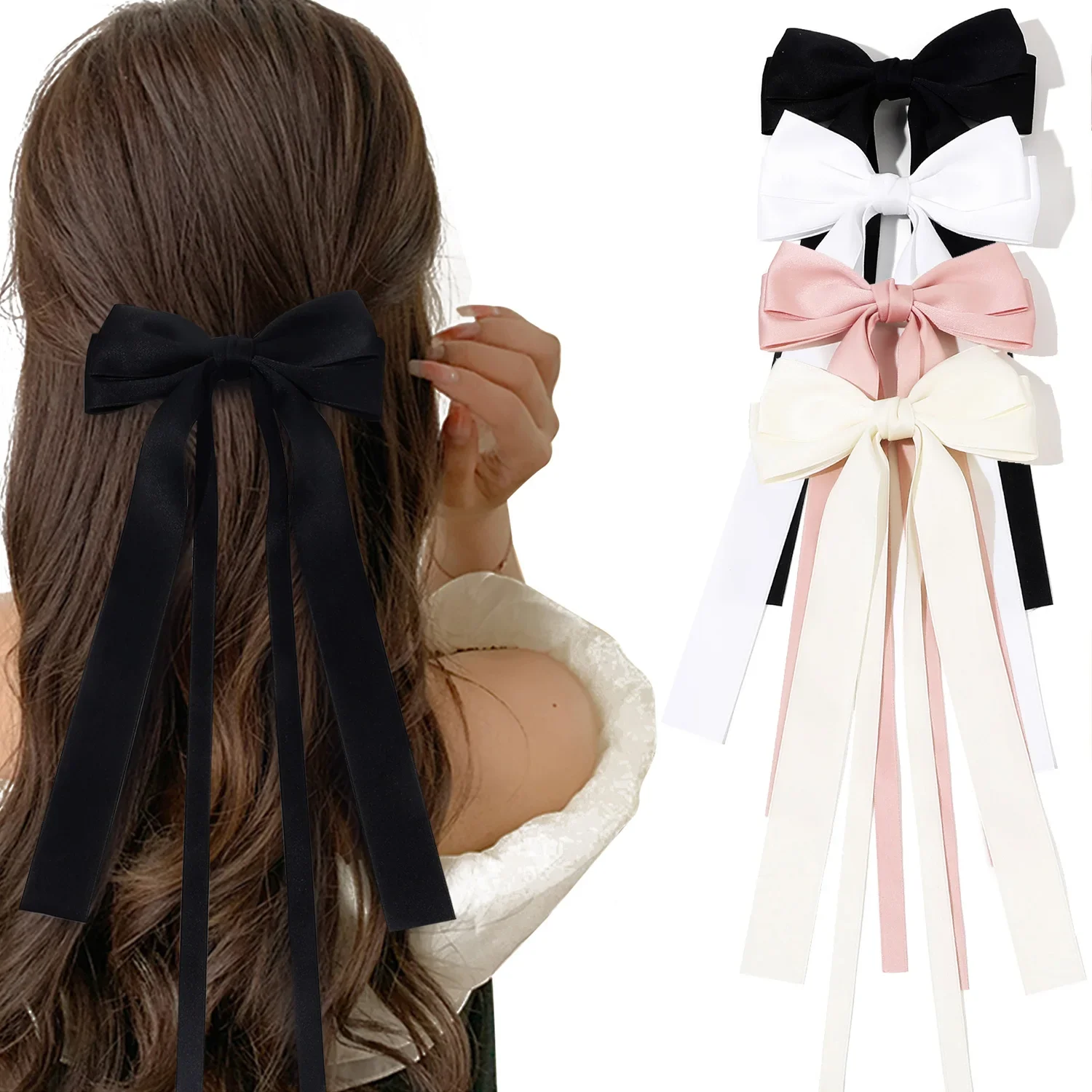 Pinces à cheveux coréennes avec ruban de couleur unie, Double nœud papillon, pour femmes et filles, tendance, grand nœud, Long pampille, Barrettes argentées, accessoires