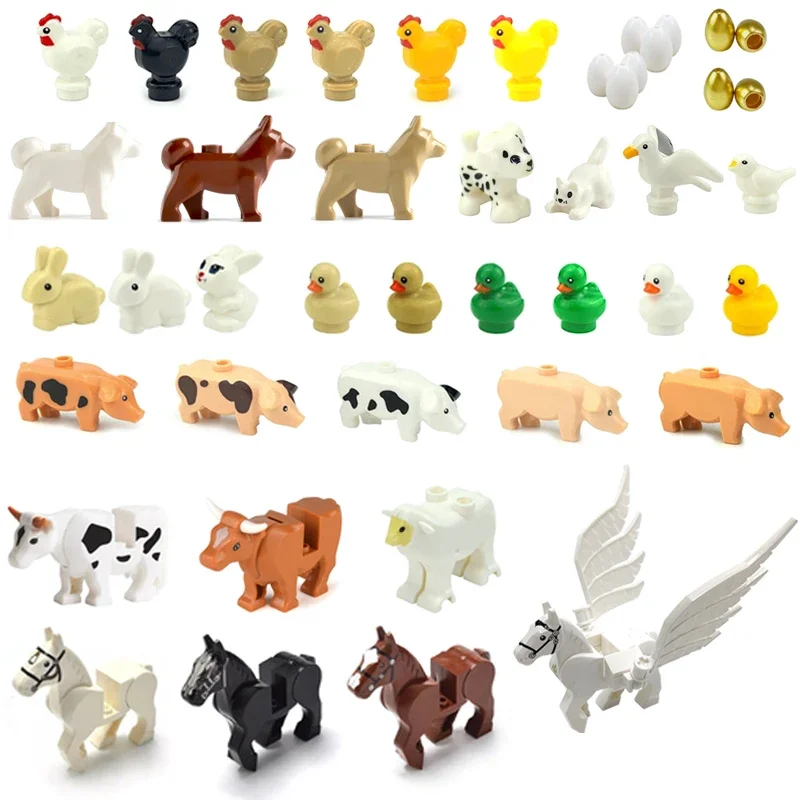 Blocs de construction MOC pour animaux, pièces pour bétail, volaille, briques, jouets, cheval volant, poussin, canard, bétail, lapin, Compatible avec LEGO