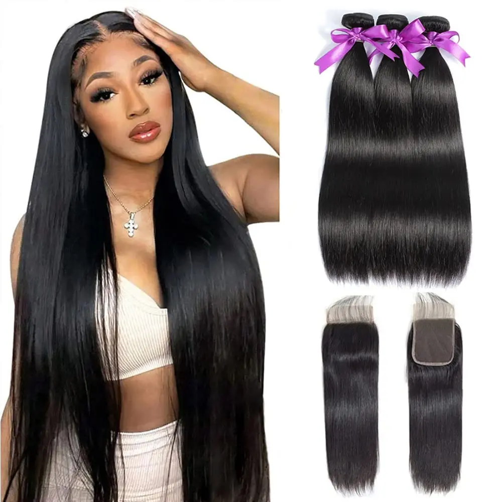 

Straight Bundles with Closure Human Hair 20 22 24+18 Mongolian Human Hair Bundles with Closure Straight 100% Unprocessed Hair