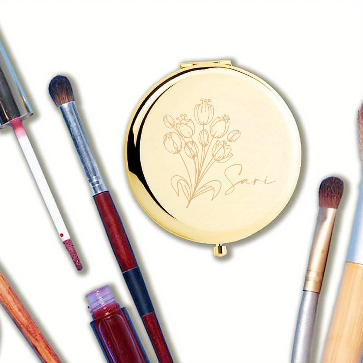 Personalized Tulip-Shaped Folding Pocket Makeup Mirror, Custom Name, Gift for Birthday, Mother’s Day, Christmas & Graduation