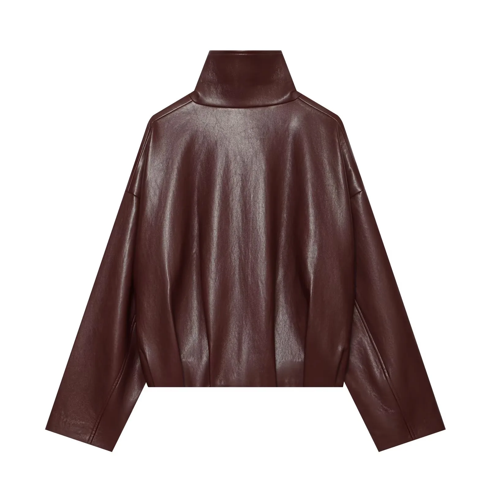 Women Autumn Burgundy Leather Jacket High Neck Zipper Short Coat Drop Shoulder Elastic Waist Casual Vintage Y2K Moto Outerwear