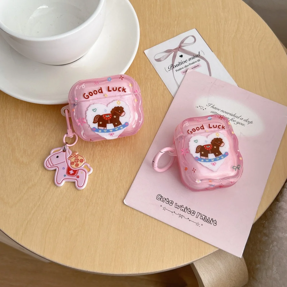 Creative cute pink rocking horse headphone case for AirPods 4 3 2 Pro 2 3 Korean version INS fashion simple new shockproof cover