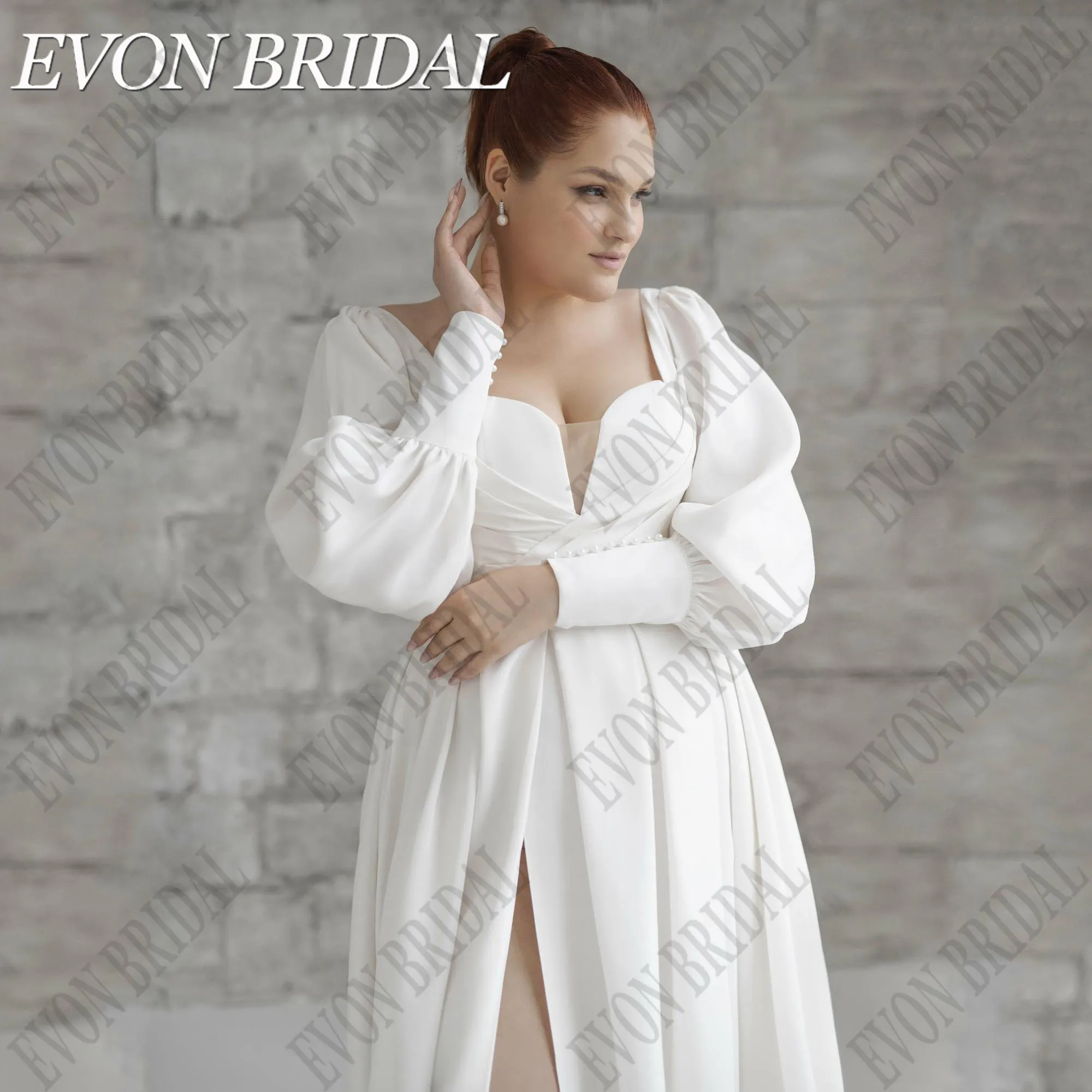 Evon Braut plus Größe Brautkleid Langarm A-Linie Seite Split Satin Brautkleid angepasst Boho Brautkleid Vestidos de NoviaEVON BRIDAL Plus Size Brautkleid Langarm A-Linie Seite Split Satin Brautkleid Maßgeschneiderte Bo