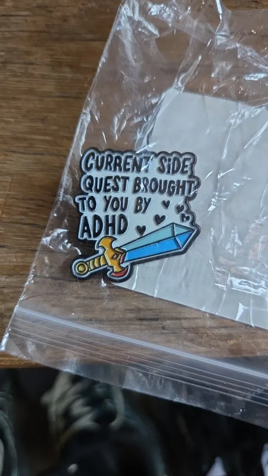 ADHD Side Quest Sword Enamel Pin - Cartoon Slogan Lapel Badge for Backpack DIY Gift photo review