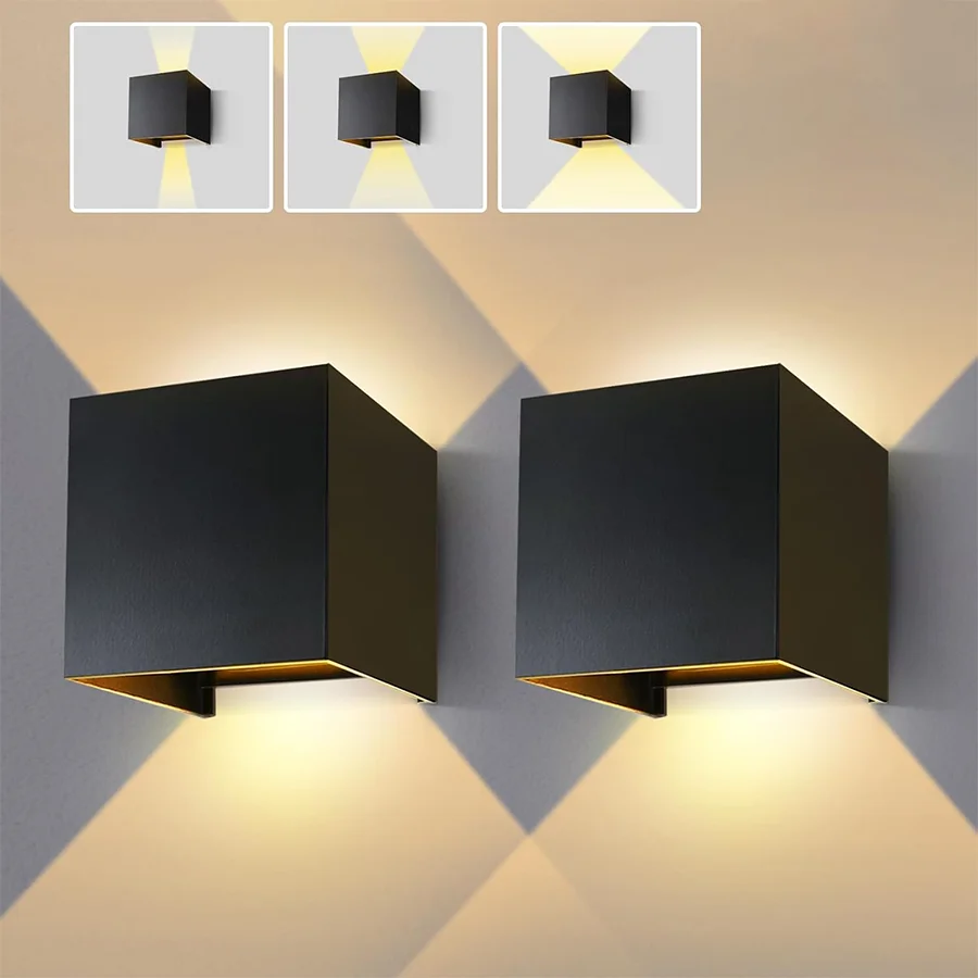 2 luces LED de pared para exteriores, lámpara de pared con ángulo de haz ajustable, lámpara con pantalla de ABS impermeable IP44 para interiores, hogar, dormitorio, sala de estar y exteriores, jardín, patio, balcón, iluminación