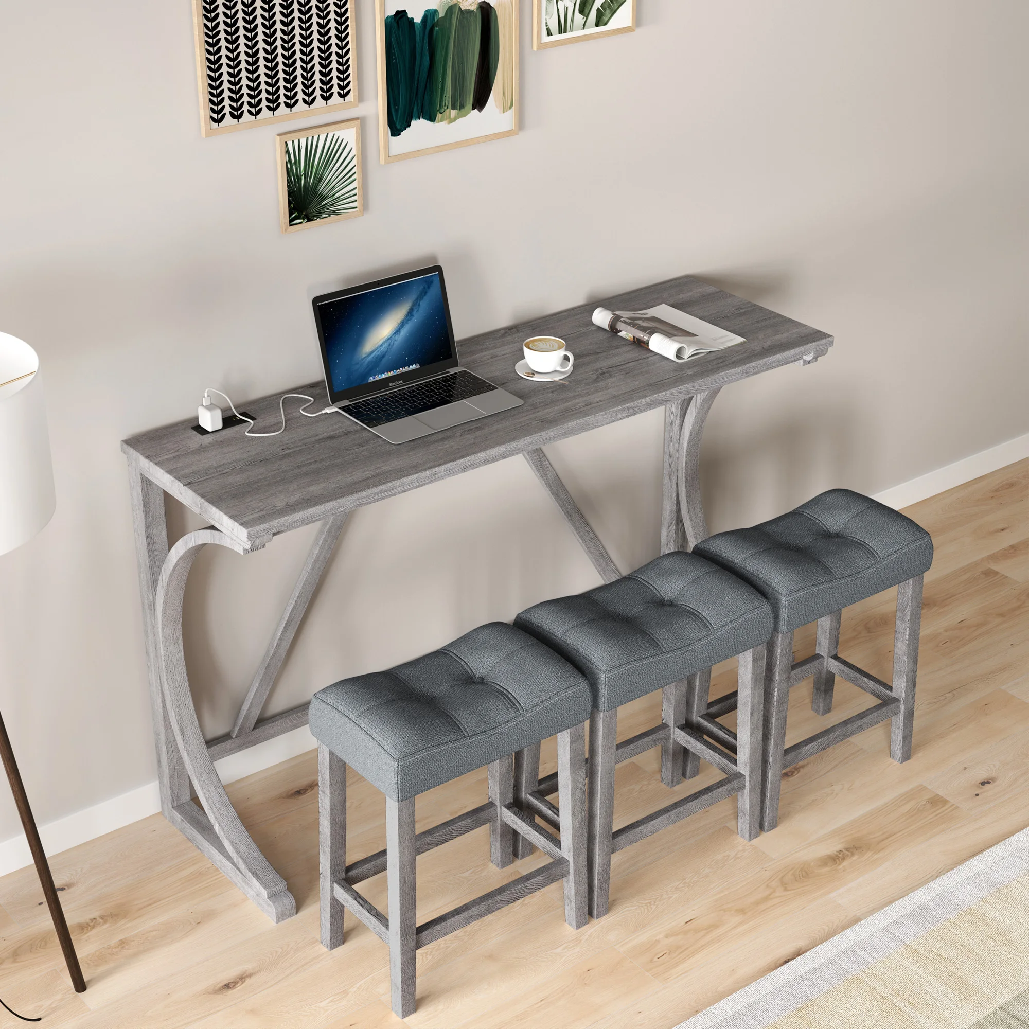 

4-Piece Bar Table Set with Power Outlet | Industrial Breakfast Table & Chairs Set for Living Room, Dining Room & Game Room