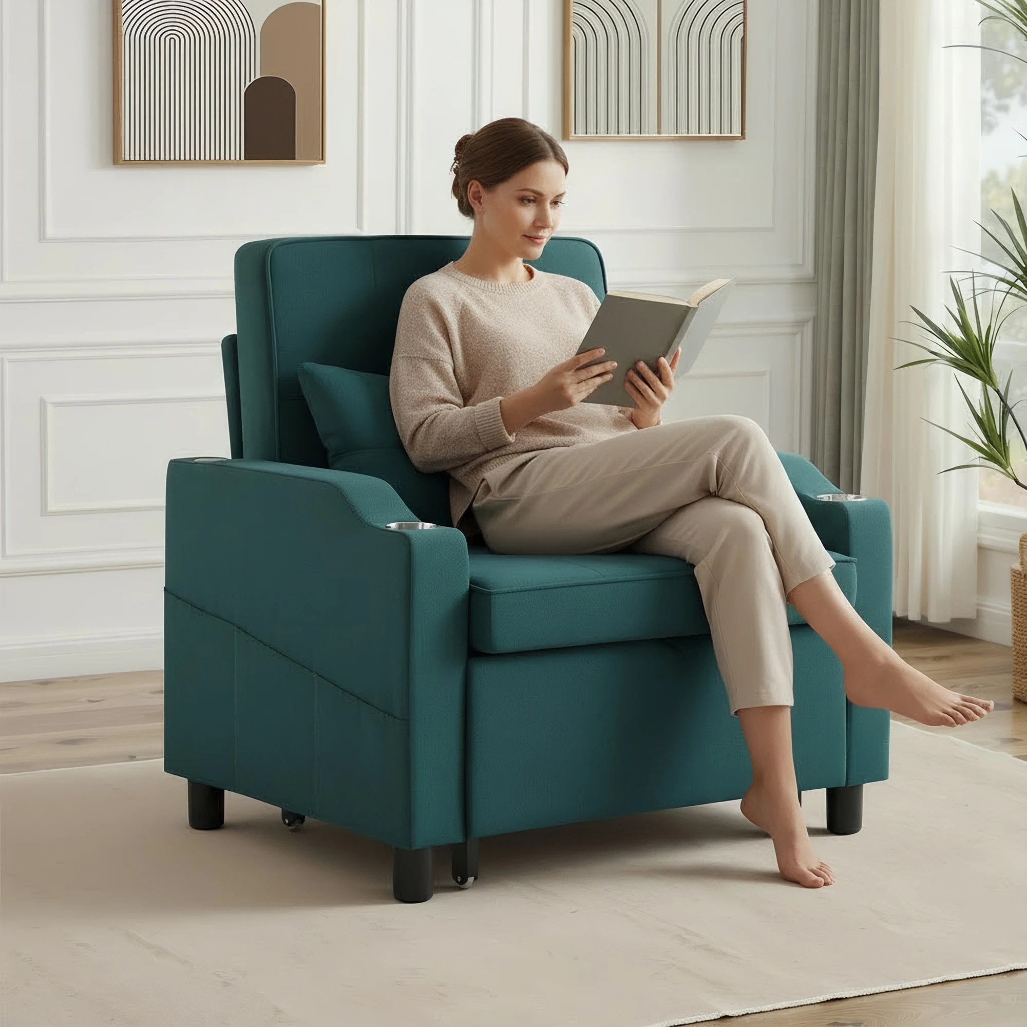 Green With Cup Holder & USB Charging Single Pull‑Out Sleeper Chair, 5‑Position Recliner Convertible Sofa Bed Chair with Side Storage Pocket Indoor Furniture