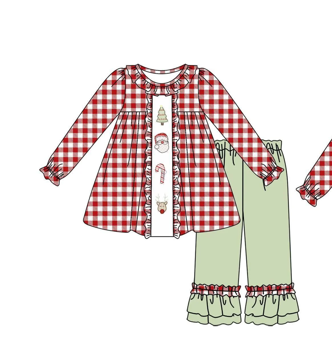 

Christmas Cute Cartoon Print Red Long-sleeved Top Green Pants Girls Autumn Boutique Suit