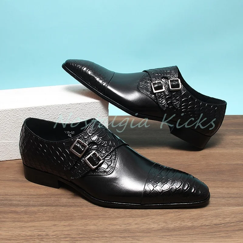 Chaussures de luxe Crocodile en relief à Double boucle pour hommes, chaussures Oxford d'affaires formelles à bout pointu en cuir véritable, rouge vin