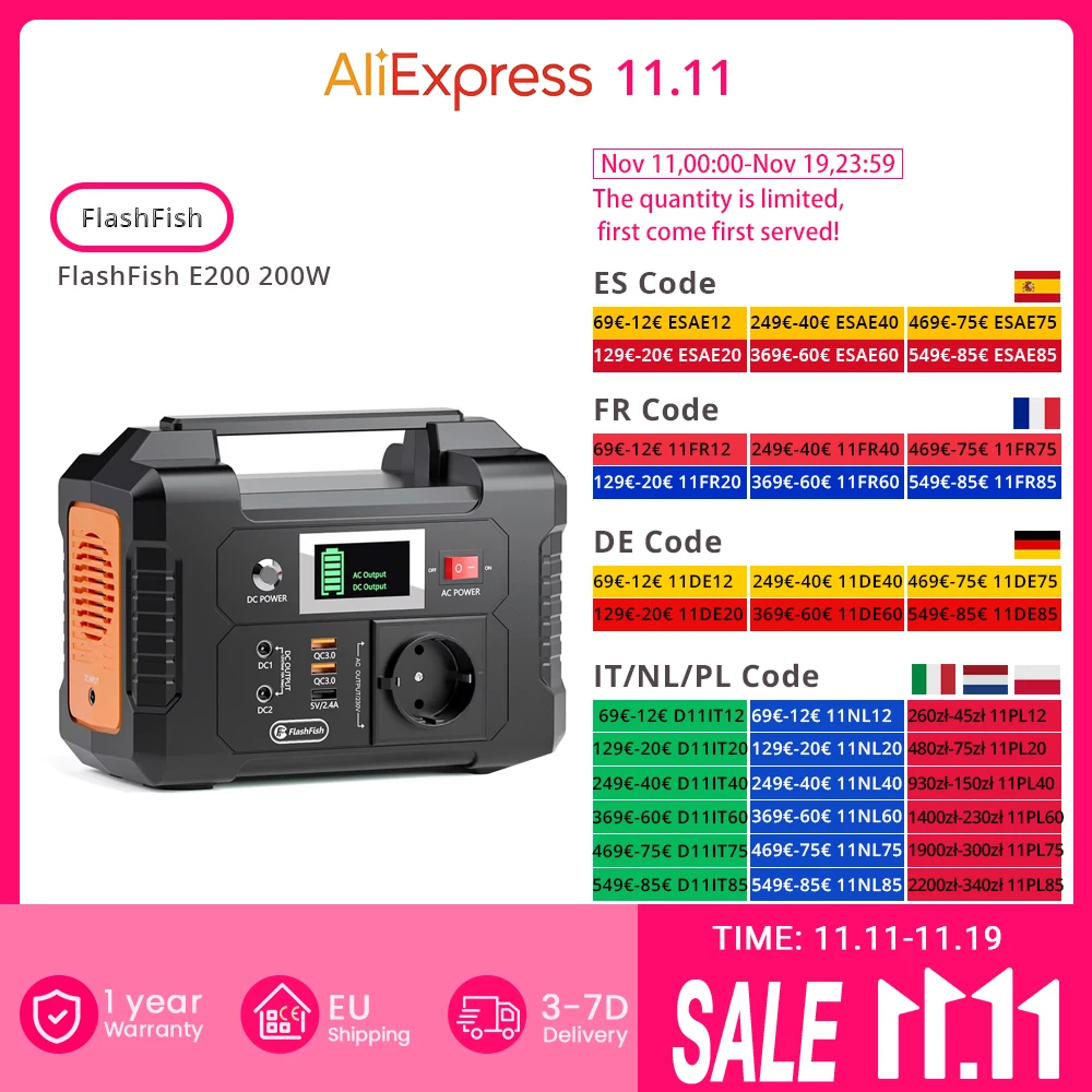 FlashFish E200 200W Portable Power Station 151Wh Lithium Battery 1x Pure Sine Wave AC220V Output for RV Camping Van