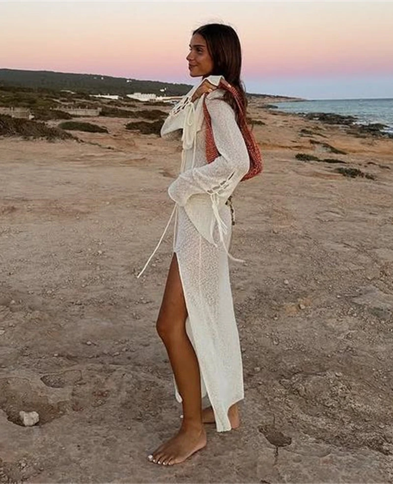 여름 긴 소매 딥 브이 넥 하이 슬릿 니트 드레스 시스루 레이스 업 크로 셰 뜨개질 비키니 커버 업 섹시한 비치 가운 수영복