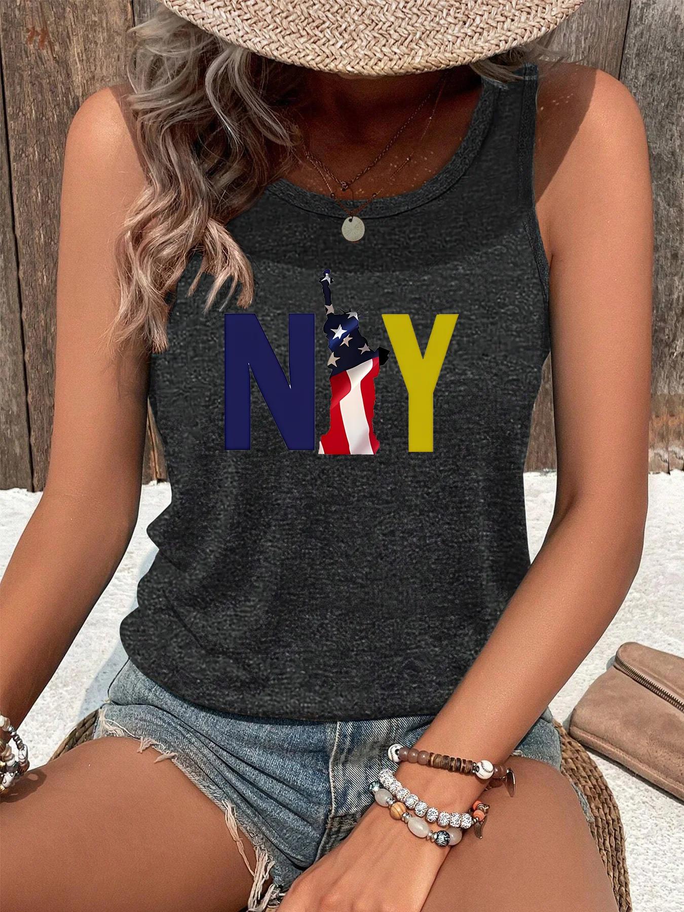 American Flag New York Statue Of Liberty Fashion Funny Sports Women's Tank Top Loose O Neck Sleeveless Casual Tank