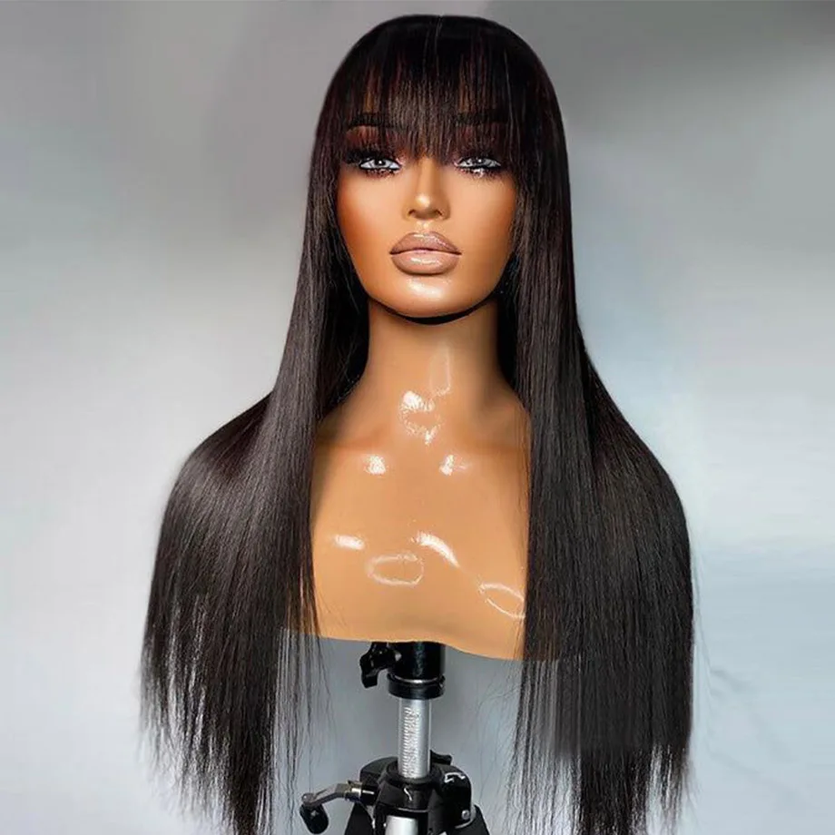 Brazilian Straight Human Hair Wigs With Bangs Full Machine Made Wig Cheap Glueless Hair Wigs Short Bob Fringe Wigs 3x1 HD Lace