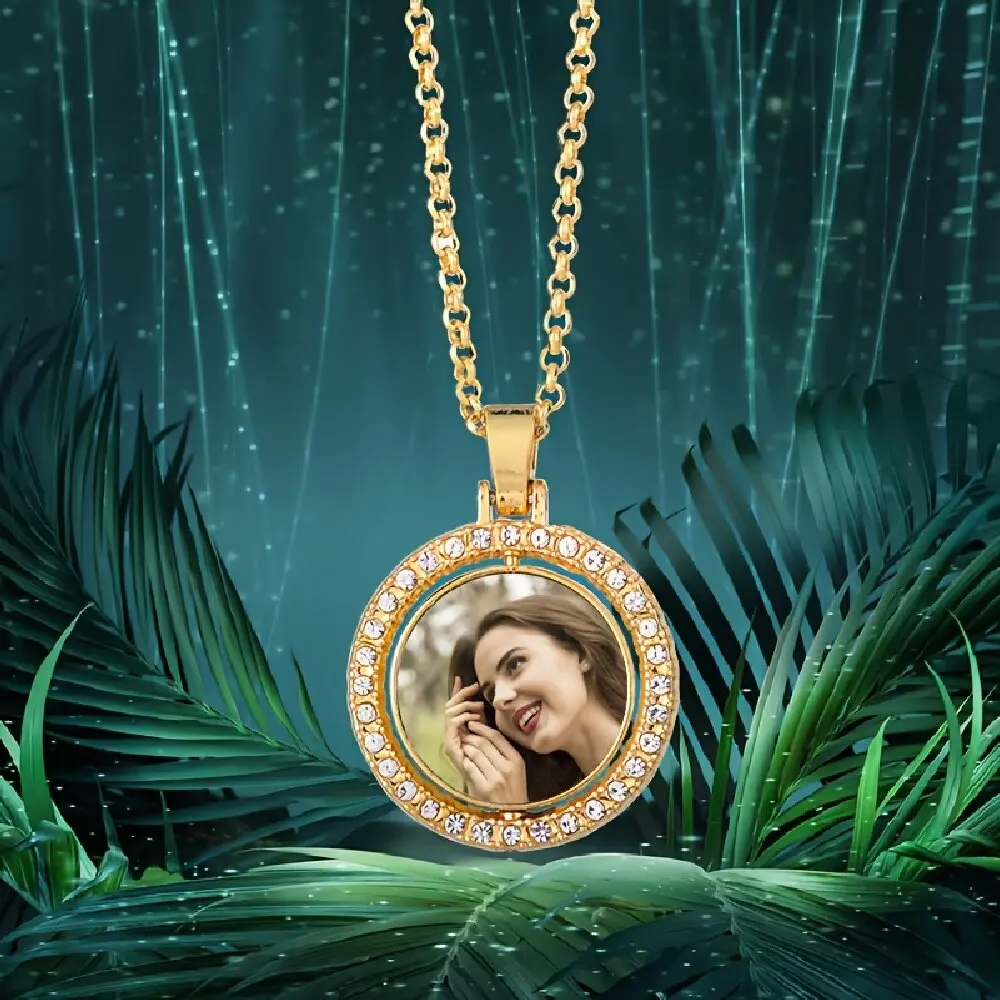 ustom Rotatable Round Photo Pendant Necklace Single&Double-Sided Personalized DIY Metal Chain Stylish Jewelry Gift for Women