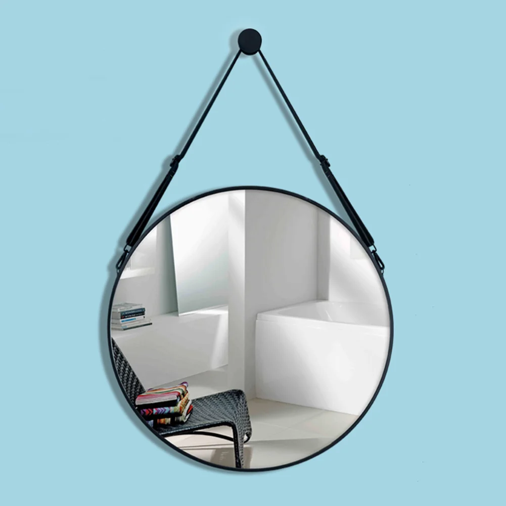 70CM Black Round Hanging Mirror with Adjustable Leather Strap