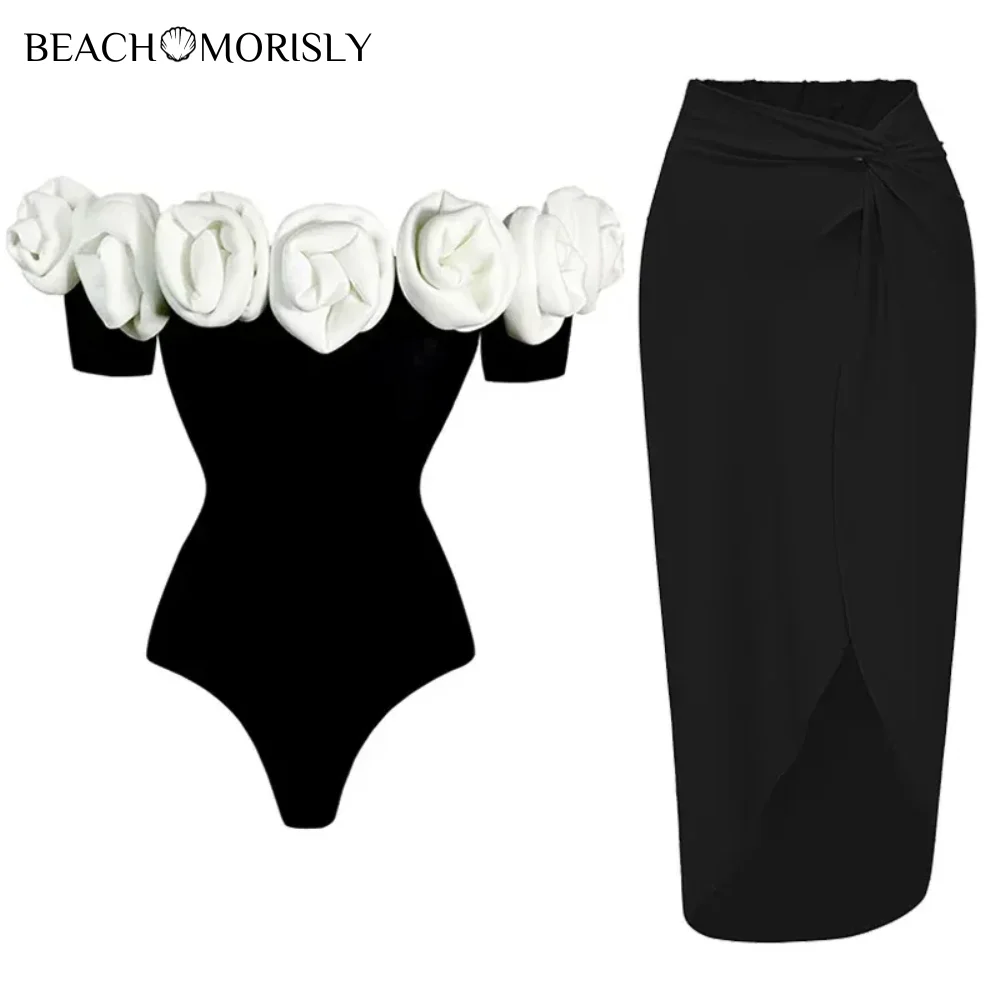 2024 Vintage 3D White Flower Off Shoulder One Piece Swimsuit and Skirt Swimwear Set Women Beachwear Luxury Bathing Suit