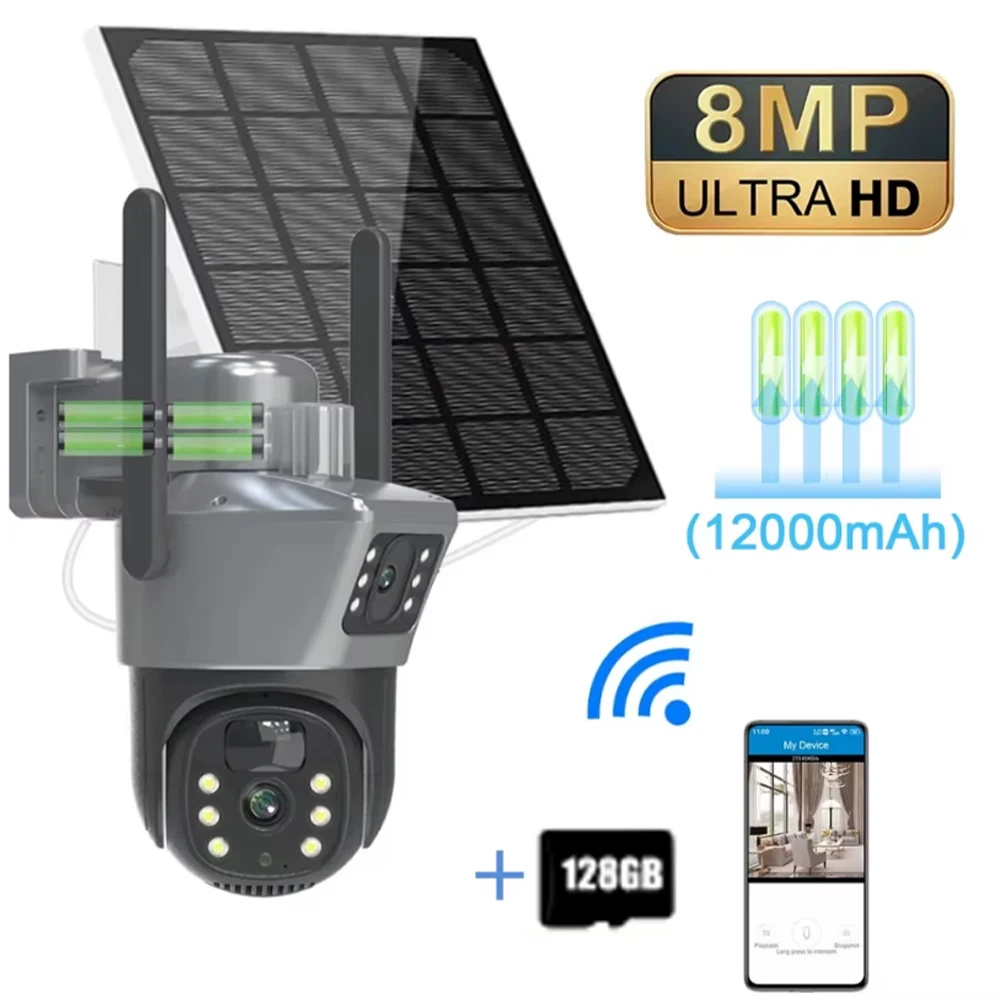 Cámara Solar de Doble Pantalla 4K 8Mp, Cámara de Seguridad Inalámbrica Wifi para Exteriores, Doble Lente, Protección de Seguridad
