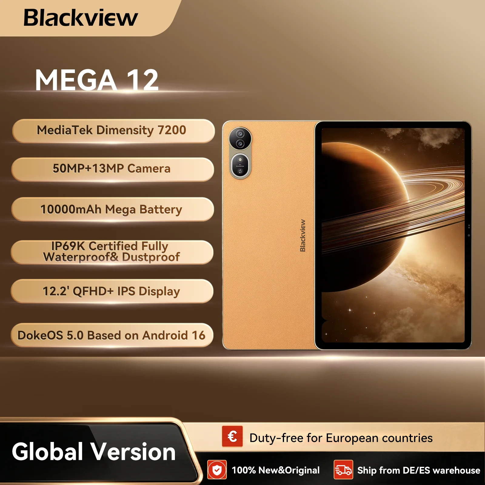 【World premiere】Blackview MEGA 12 Tablet 5G Dimensity 7200 CPU 12.2" 2.4K 120Hz Display IP69K Waterproof 50MP 10000mAh Pad PC