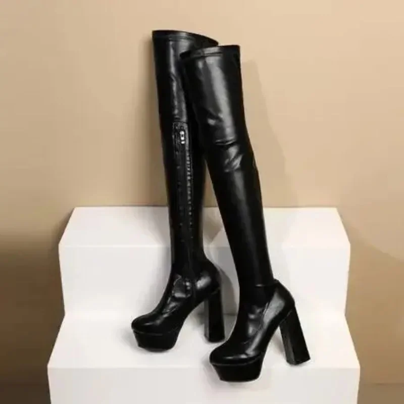 Bottes au dessus du genou à talons épais pour femmes, chaussures à talons Super hauts, demi-fermeture éclair, cuissardes hautes, plates-formes gothiques, bout rond