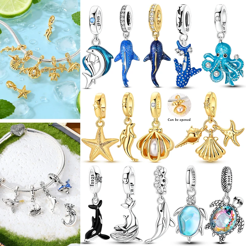 Neue 925 Sterling Silber Charms Perlen Anhänger Leuchtender Walhai Meeresschildkröte Muschel-Charm Passend für Armbänder Damen DIY Schmuck Geschenk