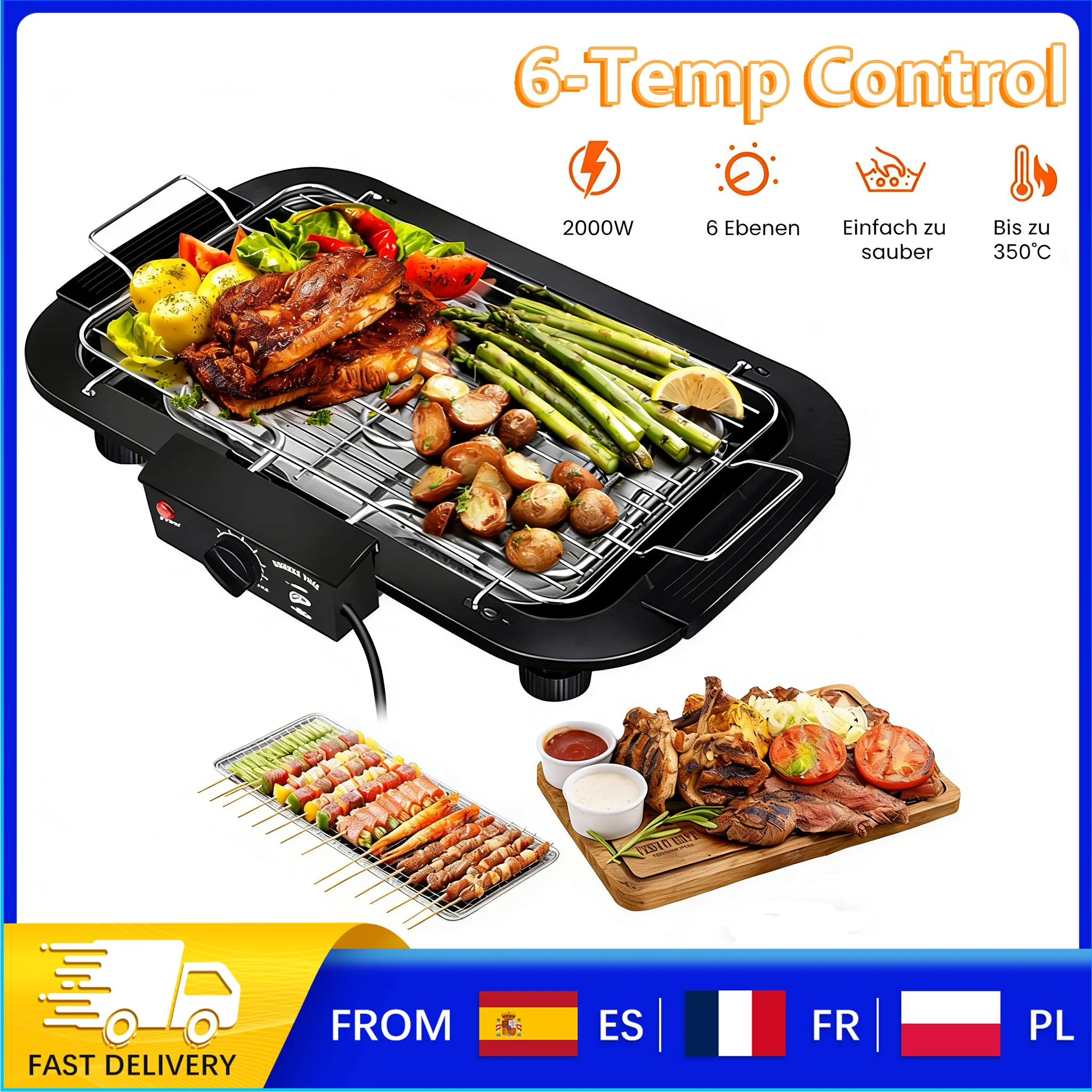 Parrilla Eléctrica de Mesa de 1800W - Barbacoa de Acero Inoxidable 304 con Control de 6 Temperaturas, Bandeja Recolectora de Grasa y Portátil para Interiores/Exteriores