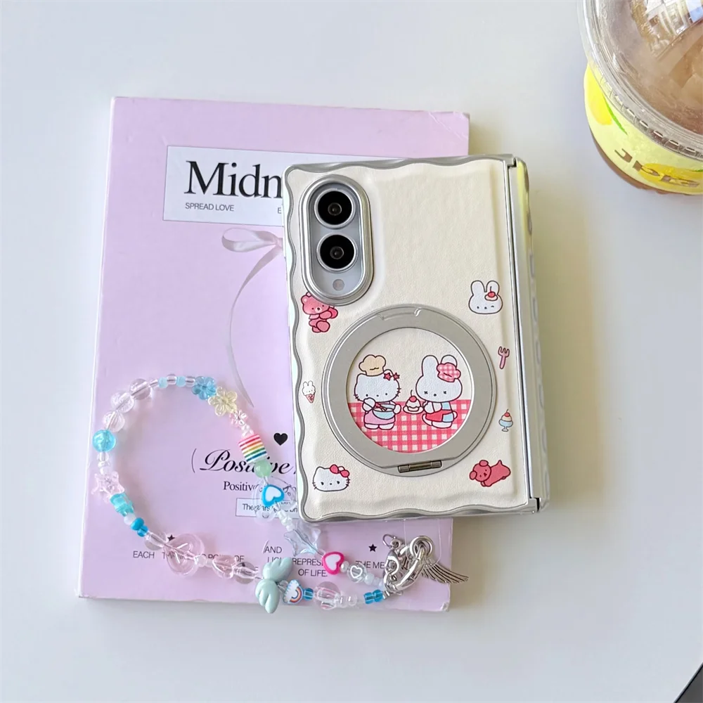 New Korean Plaid Cartoon Rabbit Cat Phone Case for Samsung Galaxy Z Fold 8 Fold 8 Cover With Magsafe Stand Chain Shockproof Cove