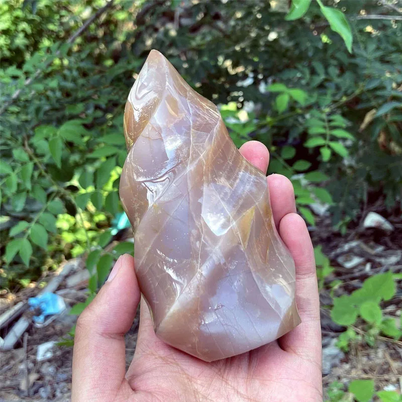 

Natural Orange Moonstone Flame Mineral Specimen Collection Gorgeous Quartz Crystal Torch Polished Flash Gemstone Spiral Freeform