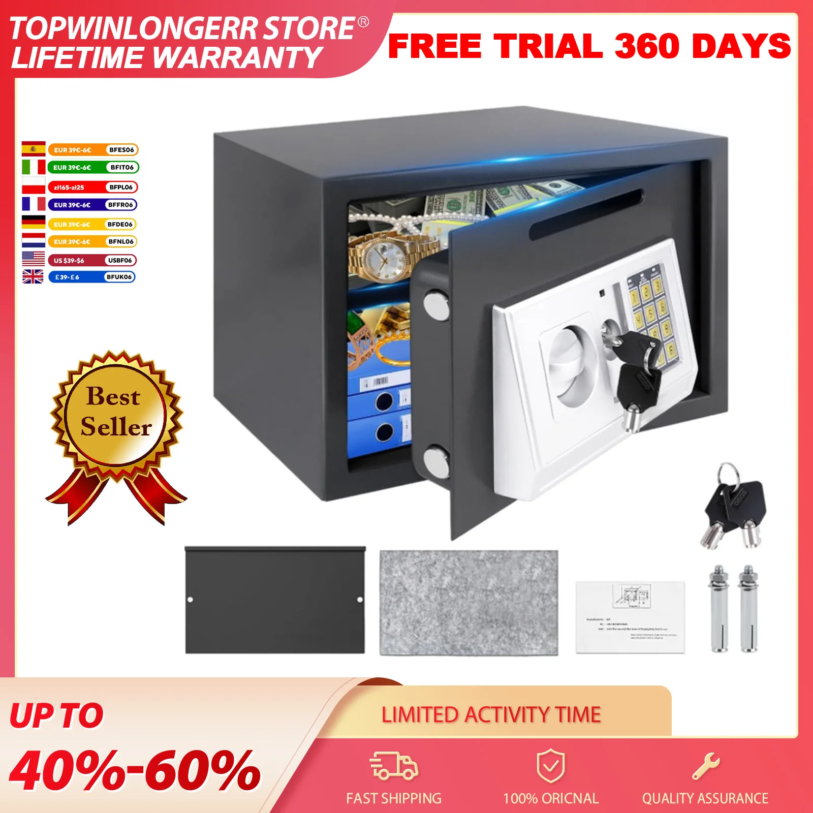 16L Digitaler Safe (Schwarz) Großer elektronischer Sicherheitstresor aus Stahl für Geld und Wertgegenstände für Zuhause und Büro, mit vollständig digitaler Tastatur, 2 Notfallschlüsseln und 4