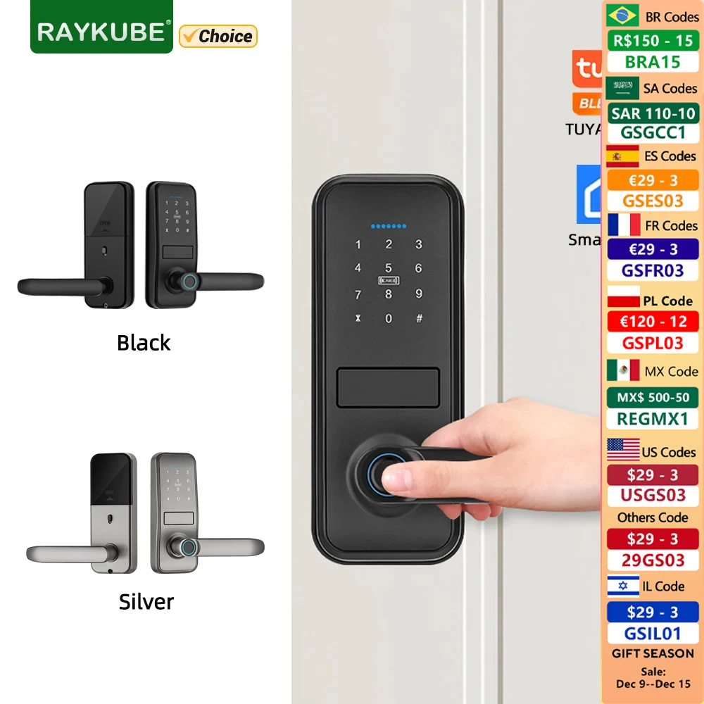 RAYKUBE P13 Tuya BLE สมาร์ท Biometric ลายนิ้วมือประตูล็อคประตูล็อคอิเล็กทรอนิกส์ Tuya App ชุดลายนิ้วมือ/รหัสผ่าน/การ์ดปลดล็อค