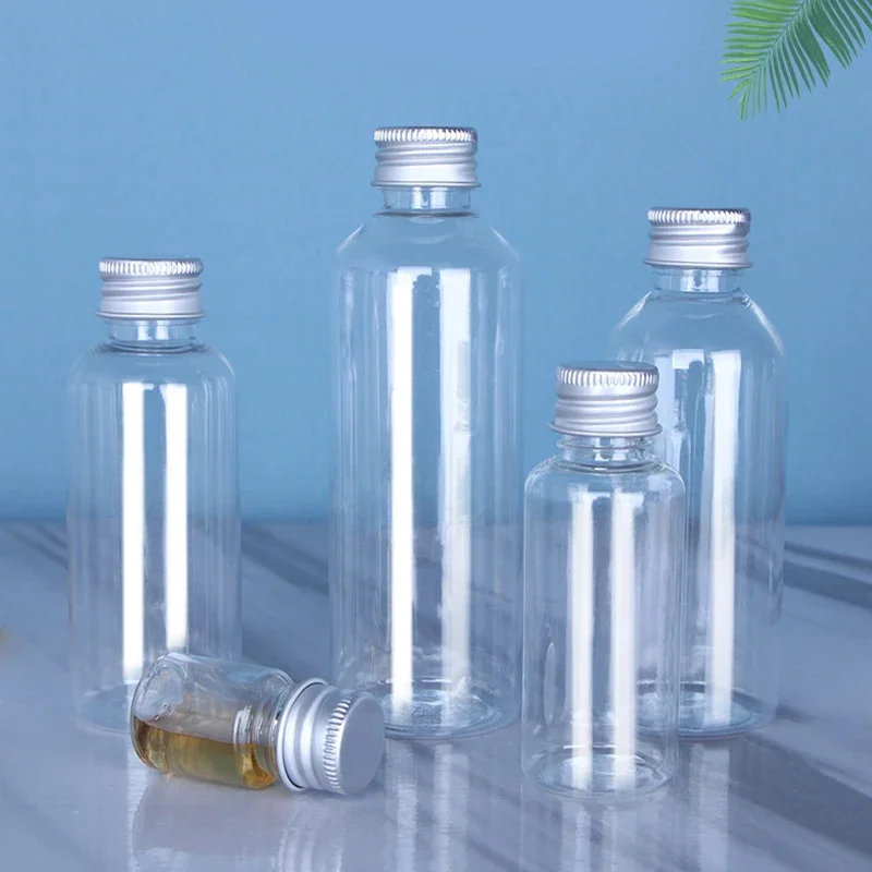 50 Stuks 5 ml 10 ml 30 ml 50 ml 100 ml Plastic Fles Aluminium Cap Transparante Lotion monster Fles Lege Cosmetische Container voor Reizen - afbeelding 2