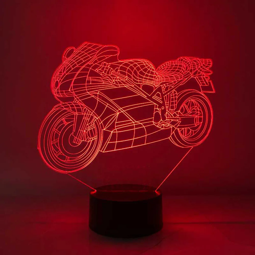 Motorcycle Gift for Biker 3D Illusion Acrylic Led Table Lamp 12 Volt Adapter Daylight Design Wood Base Xmas Christmas Decoration Room Decor Anime Wedding Stranger Things Led Lights Wedding Decoration Nightlights