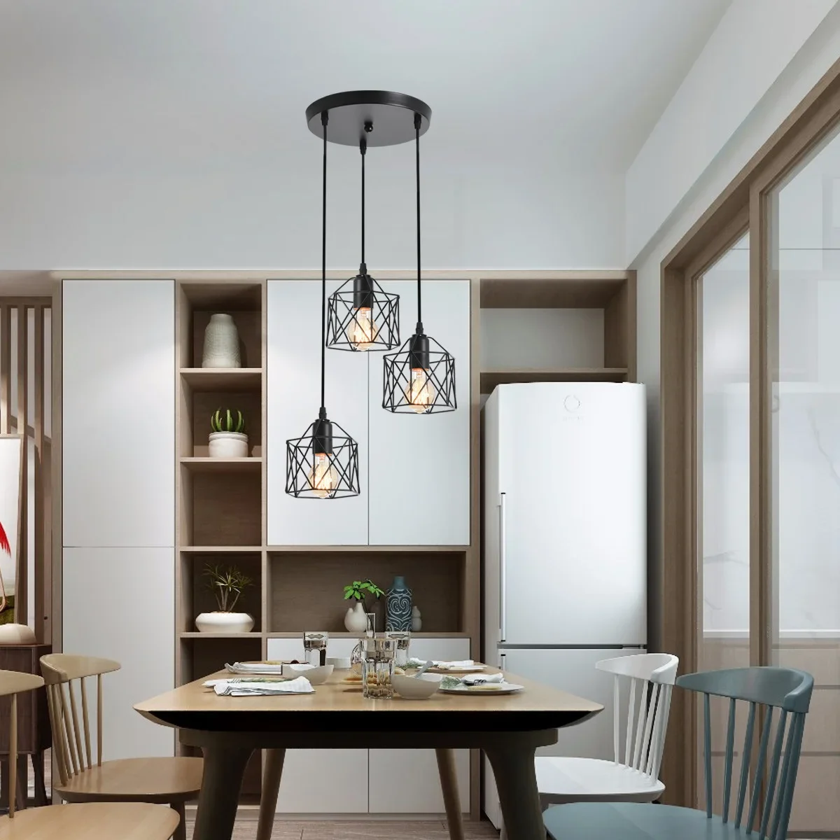 Vintage Ceiling Lamp 3 head Hanging Lamp Ceiling Lights Metal Shade E27 Black, suitable for living room, dining room