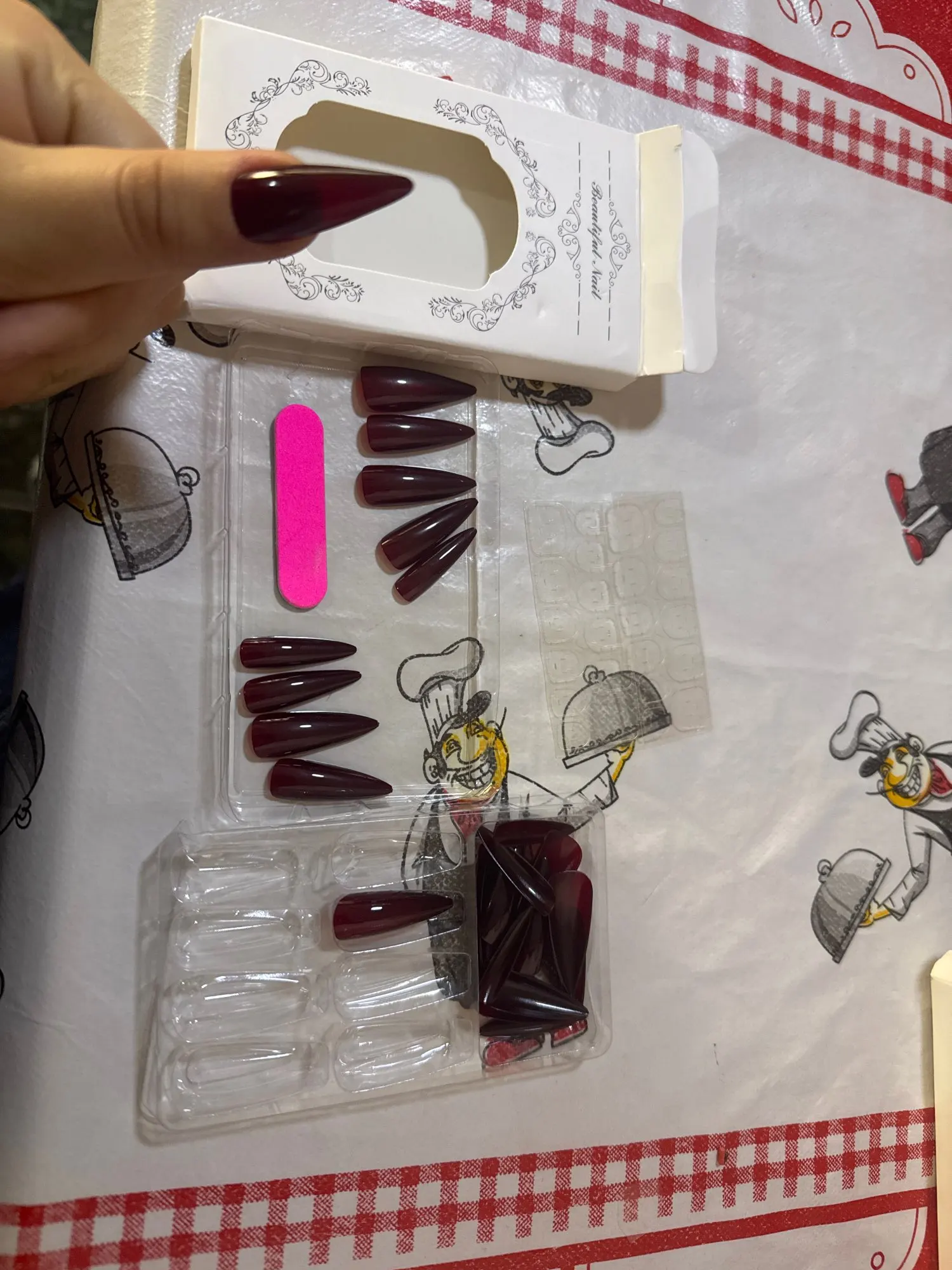 Wine Red Long Stiletto Fake Nails for Halloween Party Full Cover Press On Nail Spicy Girls Charm Manicure Daily False Nail 24Pcs photo review
