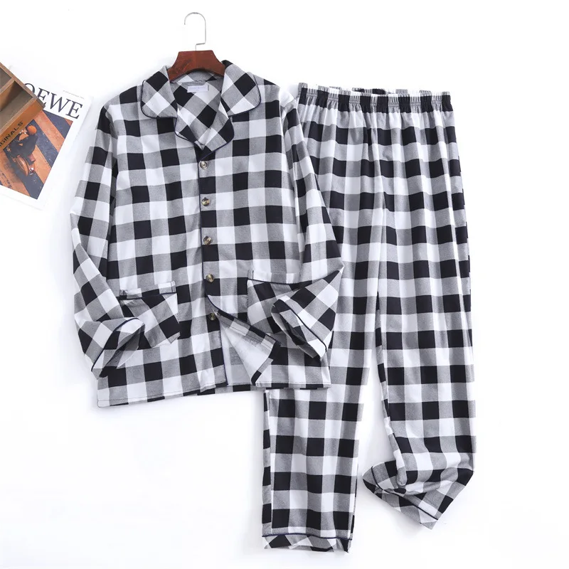 Spring Autumn Men Casual Plaid Pajama Sets Male 100% Cotton Flannel Sleepwear Suit Men Long Sleeve Turn-down Collar Home Clothes