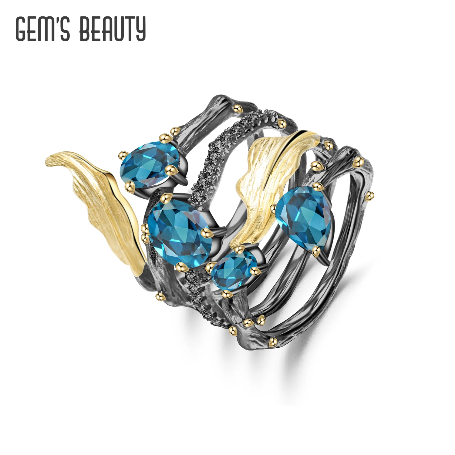 GEM'S BEAUTY Stunning Daffodil Blue Topaz Ring Sterling Silver Ring with Gemstones Ring with Crystals Elegant Topaz Jewelry