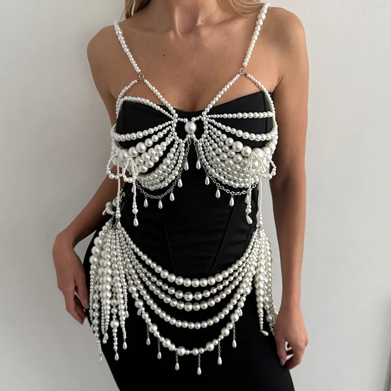 Handmade Pearl Body Chain Skirt and Beaded Bra Women Bikini Beach Cover Up Festival Jewelry 2 Pieces Set White Draped Pearl Top