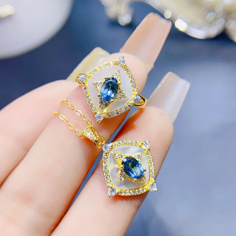 

925 sterling silver natural 6x4mm Blue Topa gemstone women's ring pendant necklace Gold plated 3-piece set for girlfriend Gift