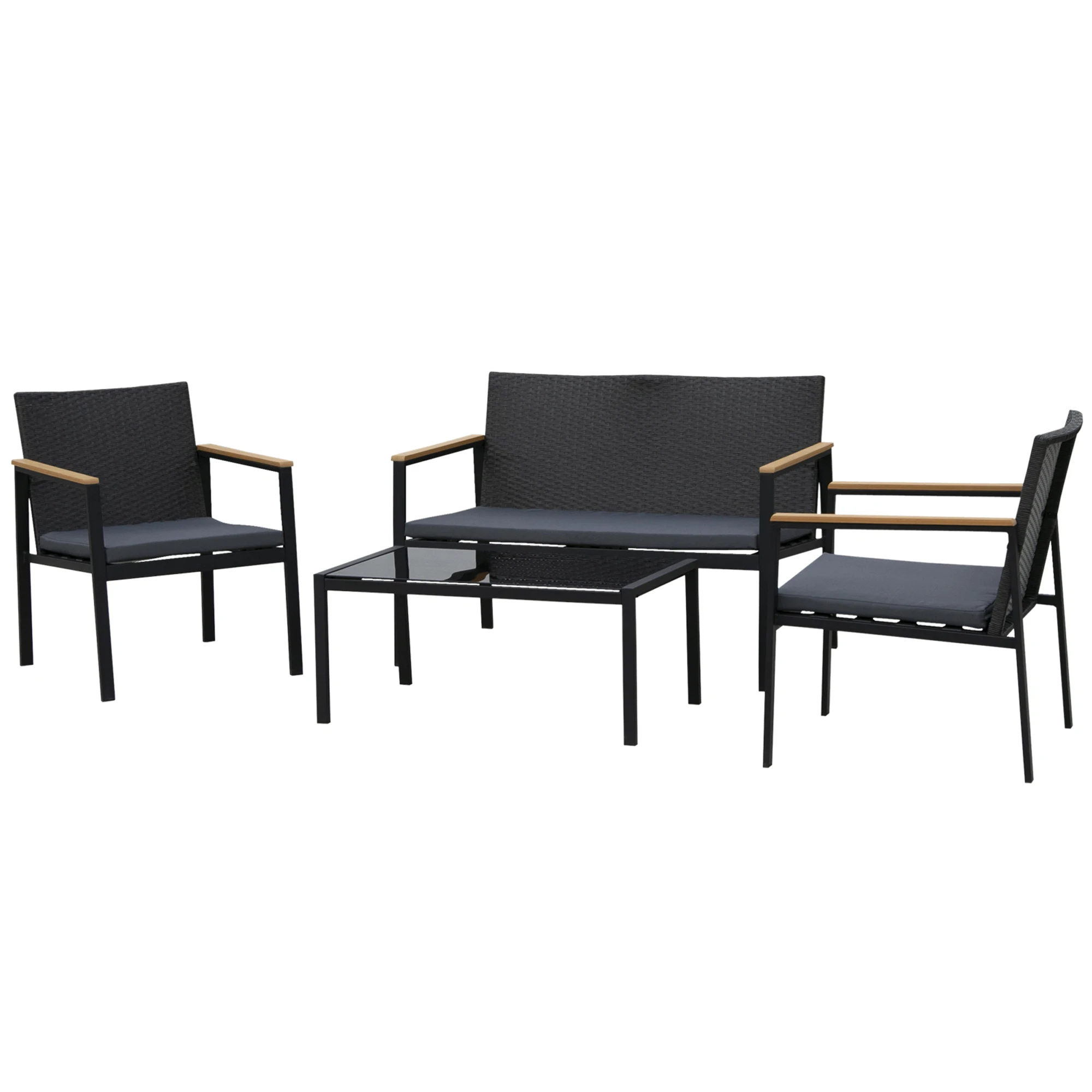 Set 4 pieces Rattan furniture with padded cushions 2 single sofa 1 sofa for double black and gray garden glass table