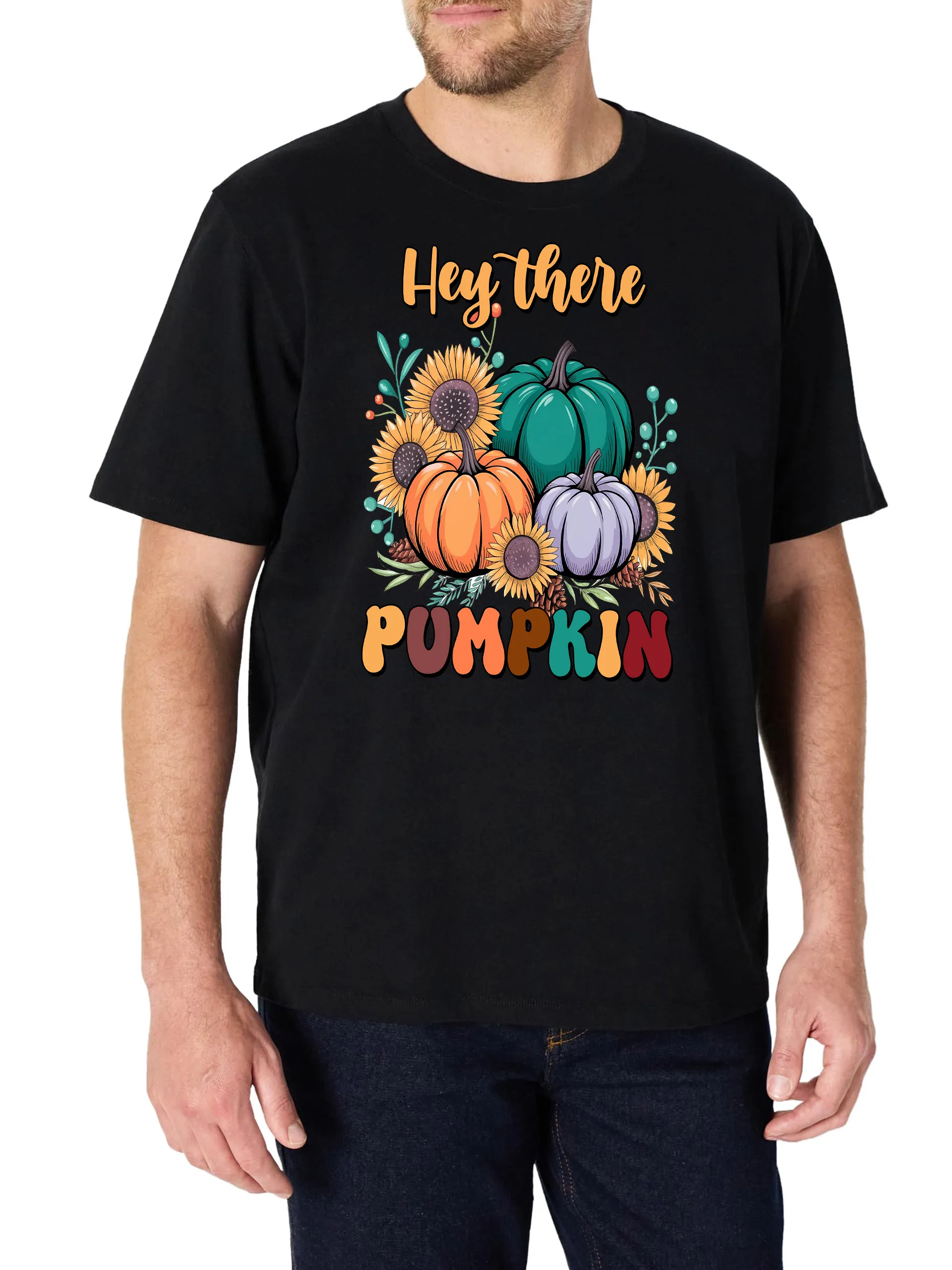 

Men's T-Shirt with Pumpkin Print Design, Black Short Sleeve Crew Neck, 100% Cotton