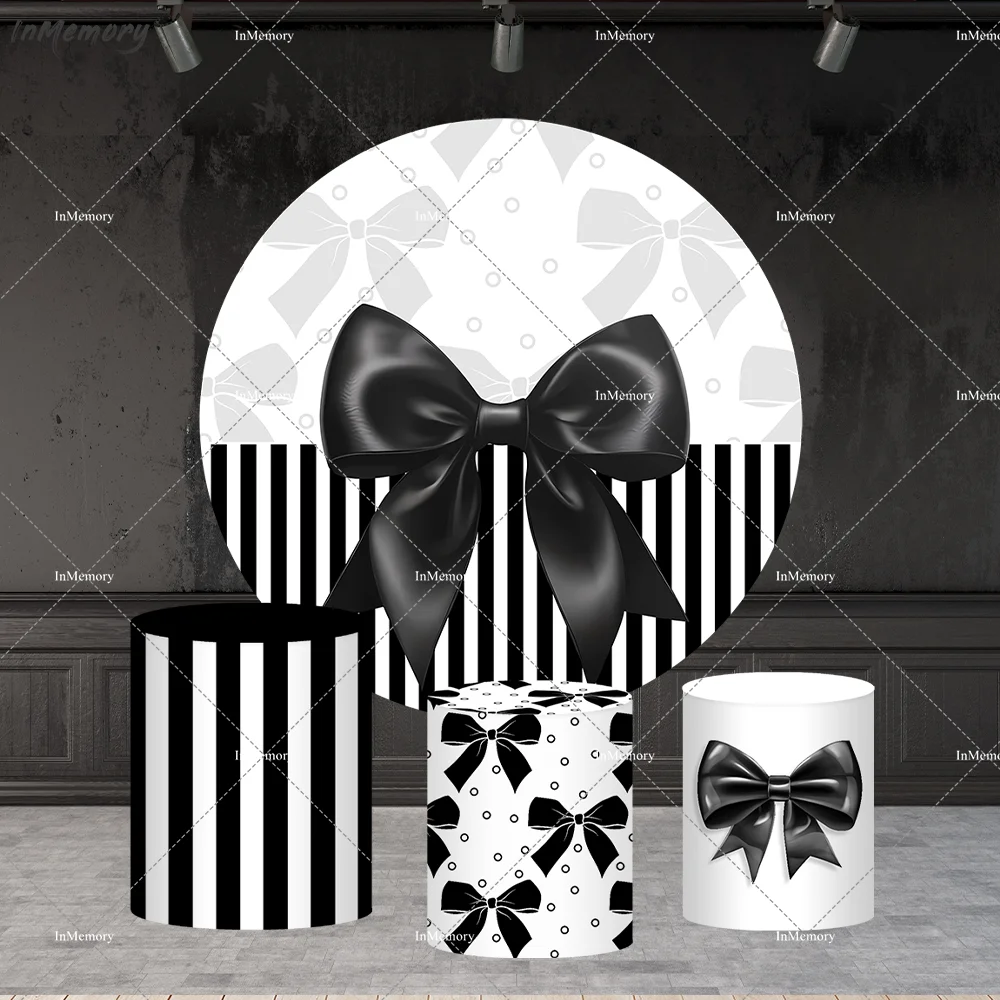 Lady Woman Birthday Round Backdrop Cover Black White Bowknot Theme Baby Shower Background Party Supplies Plinth Covers