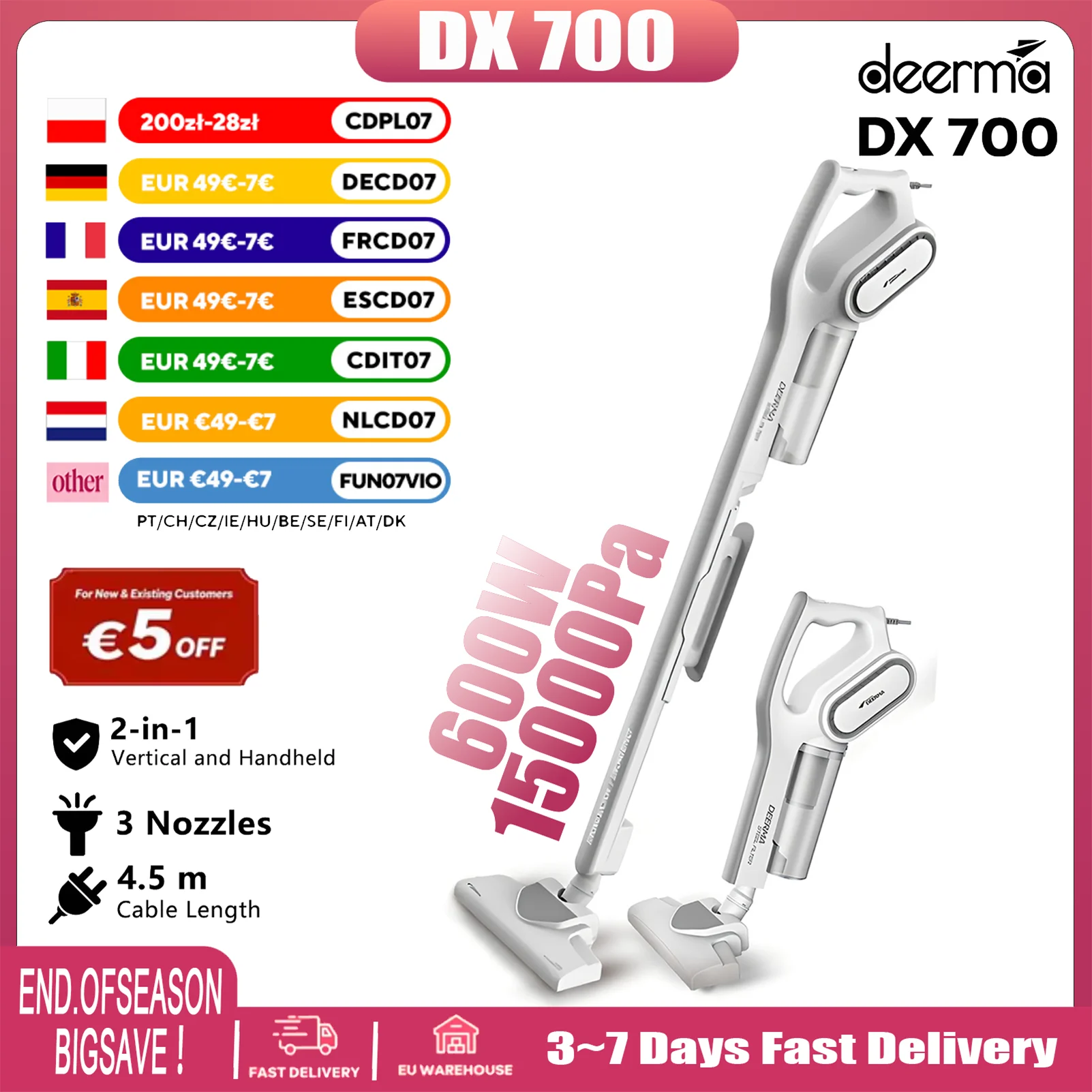 Staubsauger Deerma DX700 2-in-1 Stand- und Handstaubsauger, 600W 15KPa Stark Saugkraft, Zyklonfilterung, 3 Wechselbürsten, Leise und Leicht, Ideal für Zuhause Tierhaare Auto Reinigung