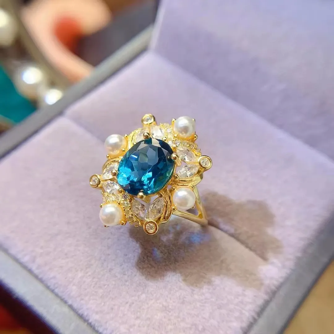 

KJJEAXCMY Natural London Blue Topaz Women's Ring S925 Pure Silver Plated 18K Gold Inlaid Simple Elegant OL Style Gift