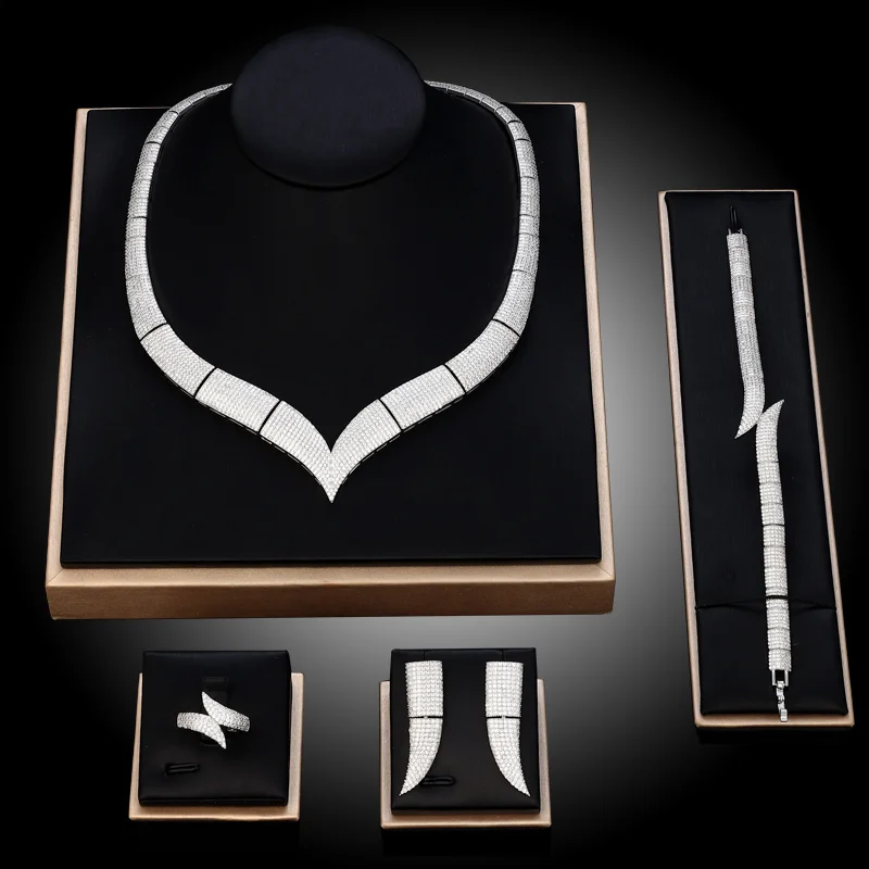 

Nigeria 4 Piece Bridal Zircon Jewelry Set for Ladies Party, Luxury Dubai Nigeria Platinum Plated Zircon Crystal Wedding Jewelry